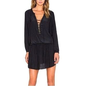 RAMY BROOK | ALLIE LACE UP LONG SLEEVE PEASANT BLOUSON MINI DRESS IN BLACK SMALL